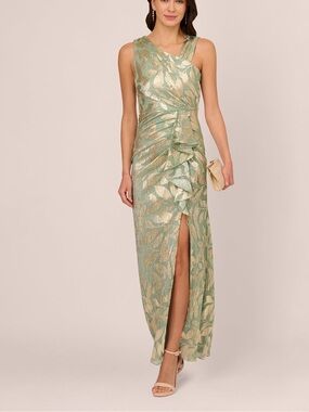 Adrianna Papell foil Printed Asymmetric Gown With Ruffled Detail In Sage Gold